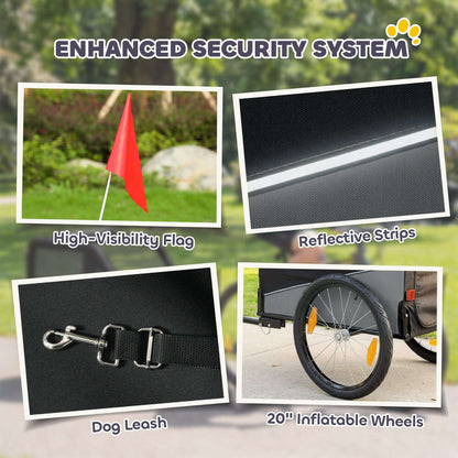 Dog Bike Trailer | 20kg Capacity | 20" Inflatable Rubber Wheels | Universal Coupler | 600D Oxford Fabric | Steel Frame | Reflectors & Safety Flag | Foldable | 139x72x88cm | Grey