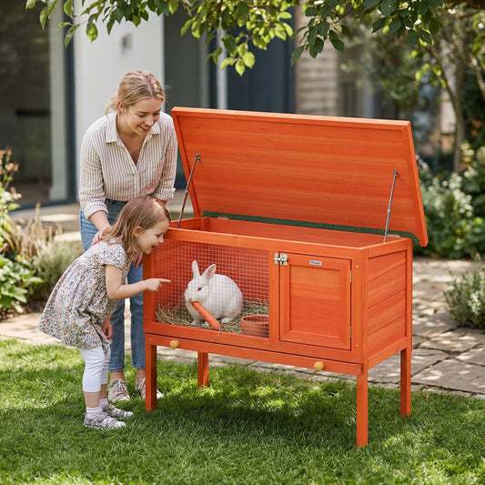 Wooden Rabbit Hutch & Guinea Pig House | Asphalt Roof | Solid Pine | Water-Resistant Paint | Galvanised Wire | Lockable Door | Removable Tray | Elevated | 90x45x65cm