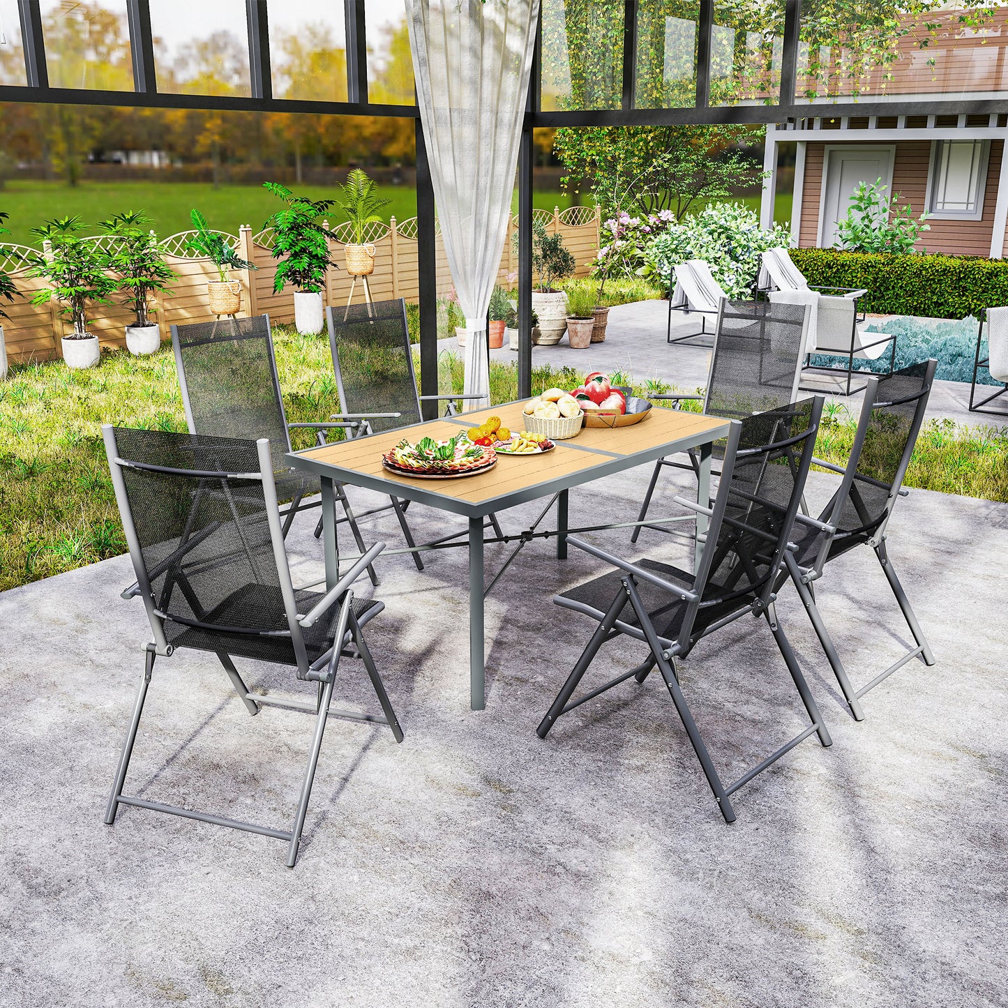 Outsunny Garden Table for 6, Outdoor Dining Table with 5cm Umbrella Hole, Wood Effect Top, Rust Resistant Frame, for Patio, Balcony, Terrace, 150 x 90 cm