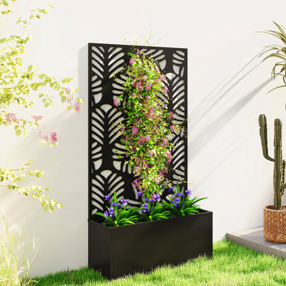 Metal Raised Planter with Monstera Leaf Trellis & Privacy Screen | Wall Mounted or Freestanding | 29L Soil | 50kg | Powder-Coated | 61x23x113cm | Climbing Plants | Black