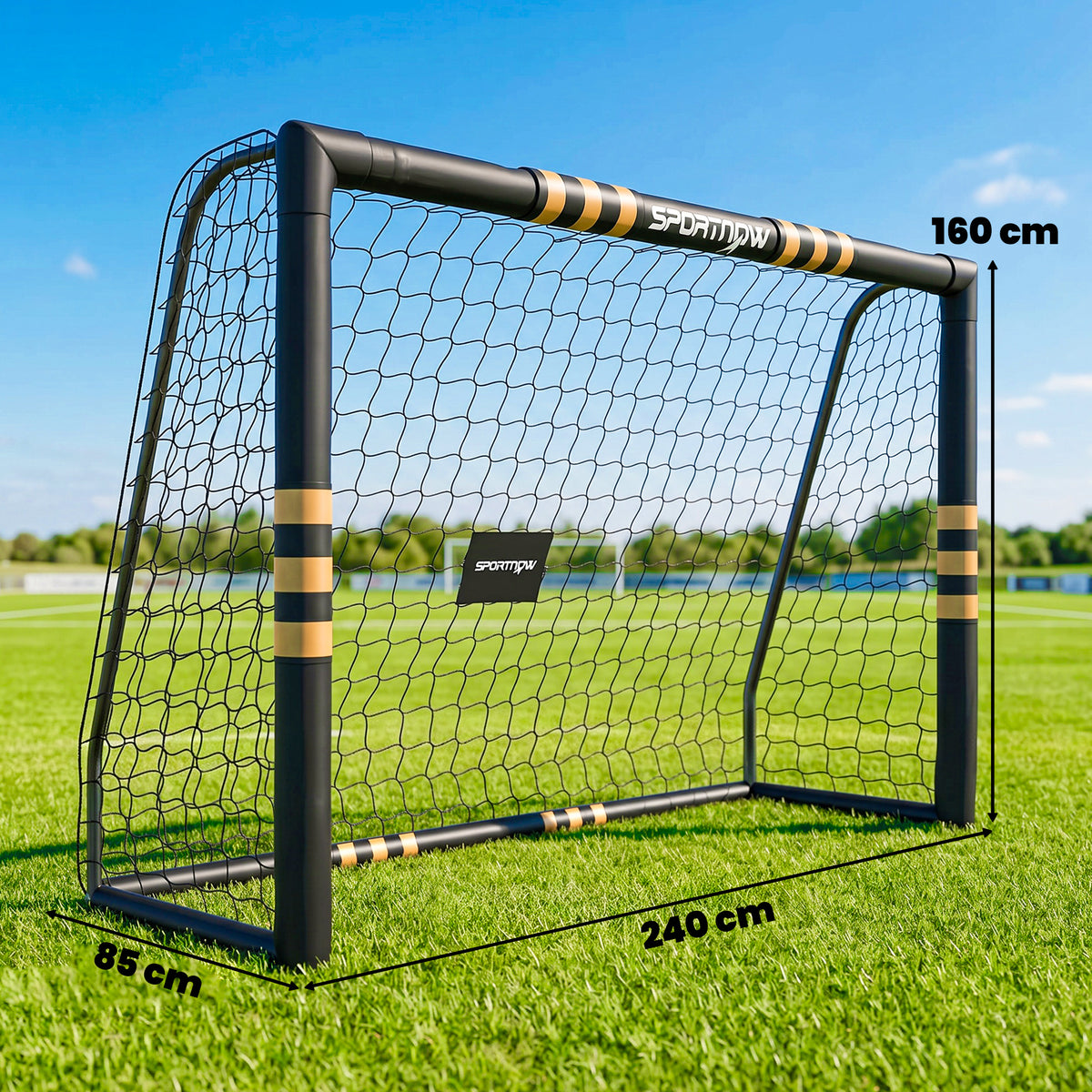 SPORTNOW Portable Football Goal | Black & Yellow | 8x5ft or 6x4ft | EPE Foam Padding 1.6cm | PVC-Wrapped Posts | 6 Ground Stakes | Metal Frame | PE Net | Age 5+ | Garden Training