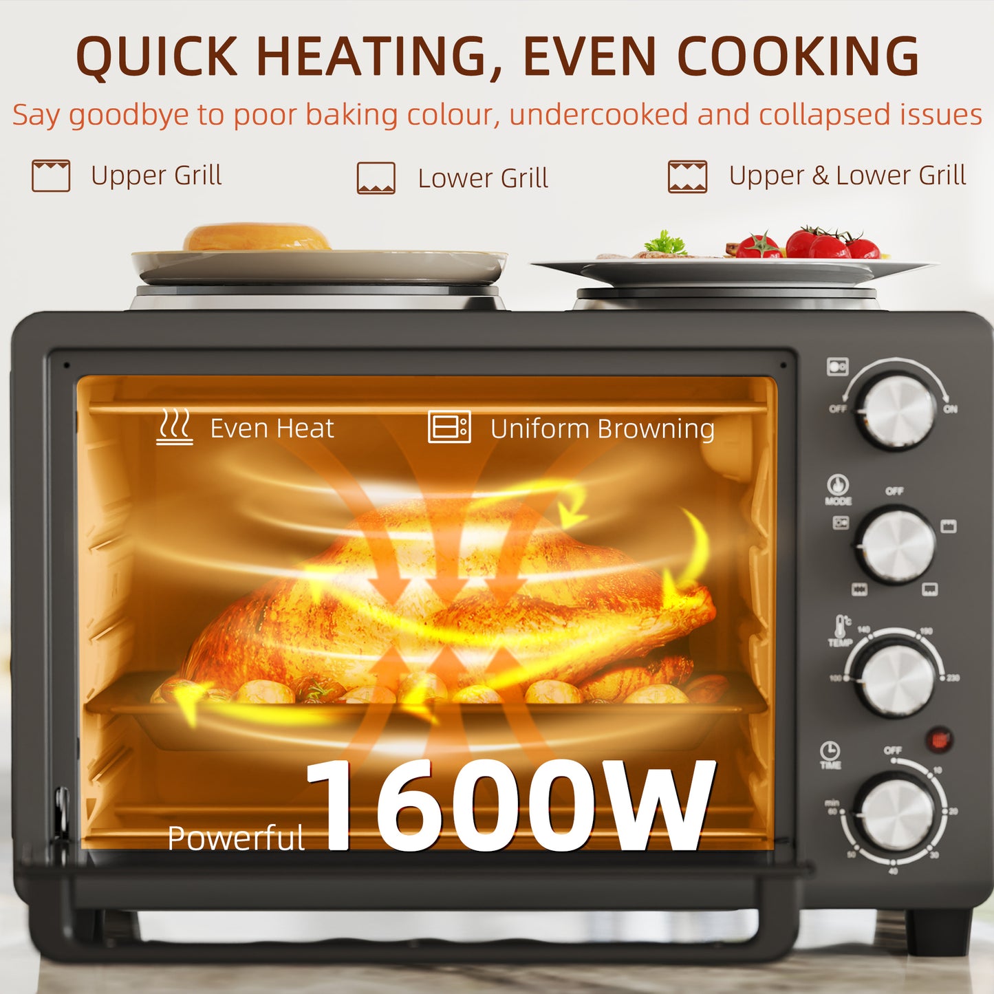 28L Countertop Toaster Mini Oven W/ 2 Hot Plates, Grill, Roast, Bake, Boil, with Timer, Adjustable Temperature, Electric Oven, Black