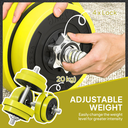 20KGS 2-In-1 Dumbbell & Barbell Adjustable Set Strength Muscle Exercise Fitness Plate Bar Clamp Rod Home Gym Sports Area, Yellow