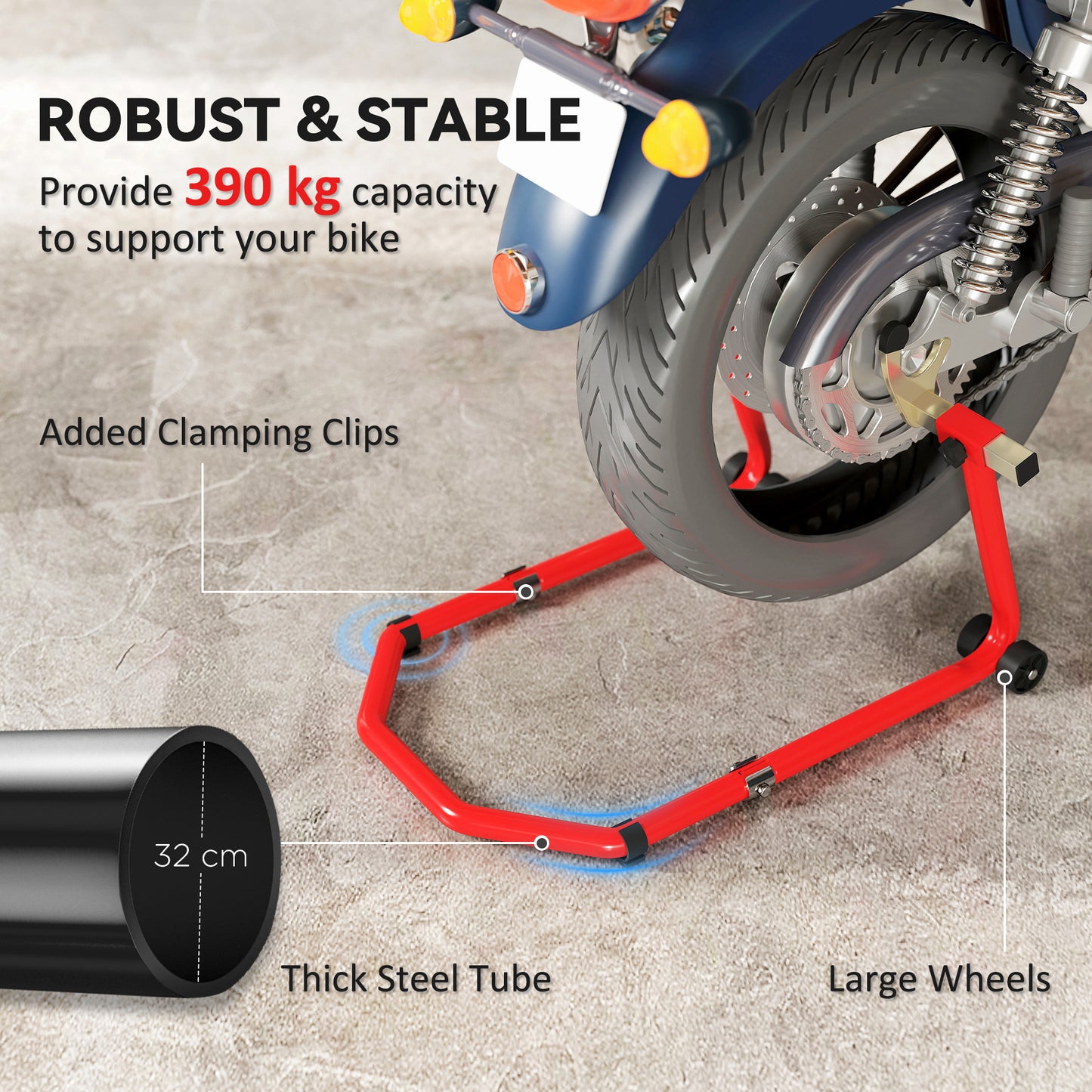 Motorcycle Stand, Front/Rear Paddock Stand, with 390 kg Weight Capacity, Red
