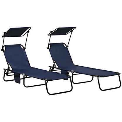 2 Piece Folding Sun Loungers with Canopy, Adjustable Recliner Garden Chairs with Side Pocket, Steel Frame and Breathable Mesh, Dark Blue