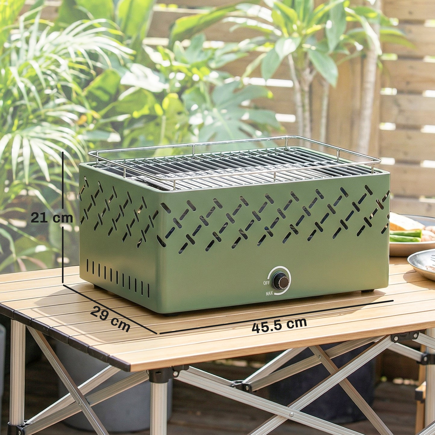Portable Battery-Powered Charcoal BBQ Grill – Built-In Fan, Stepless Heat Control, 600°C Rated, 45.5x29cm Grill Surface, For Camping & Garden – Light Green