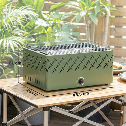 Portable Battery-Powered Charcoal BBQ Grill – Built-In Fan, Stepless Heat Control, 600°C Rated, 45.5x29cm Grill Surface, For Camping & Garden – Light Green