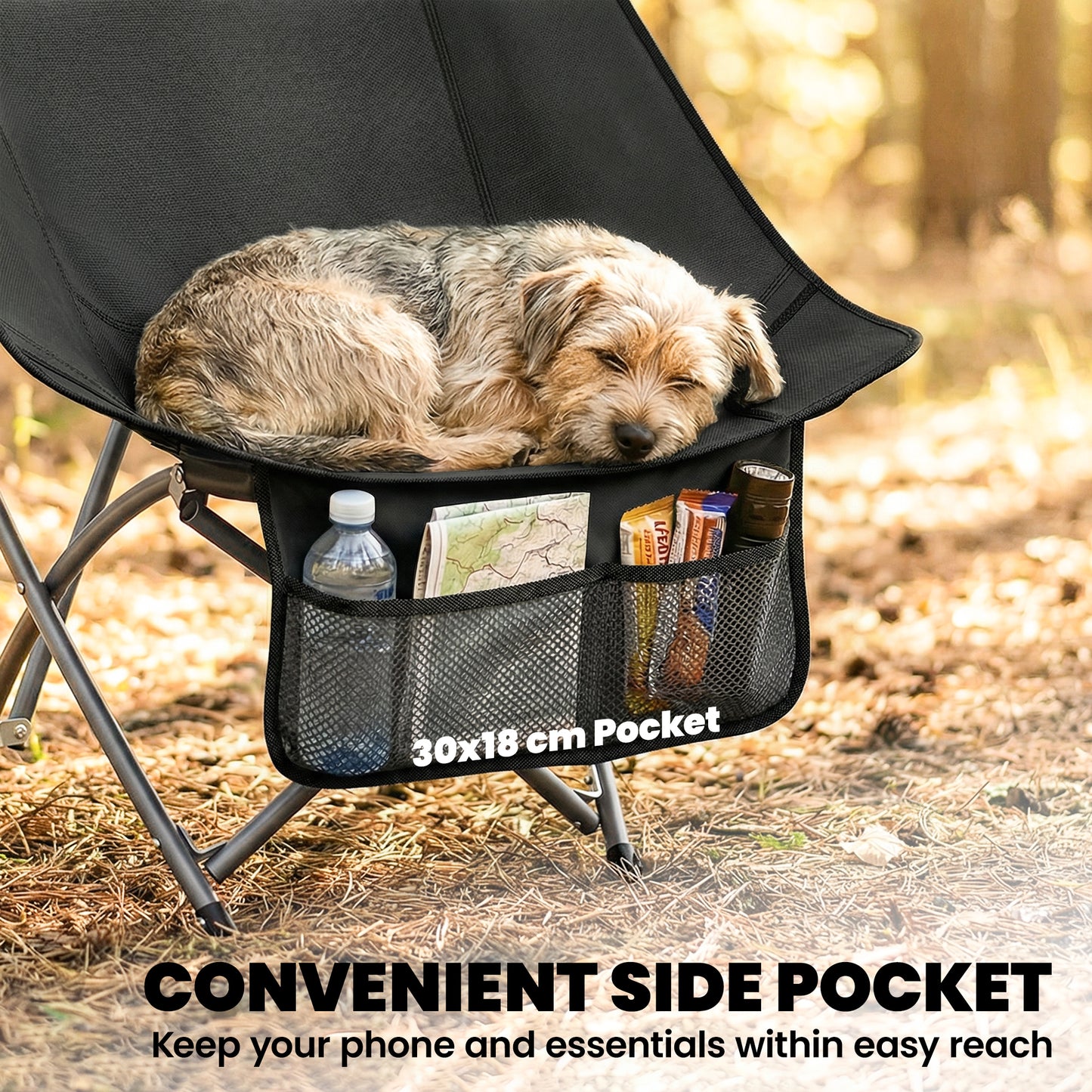 Outsunny Moon Camping Chair – Heavy Duty Folding Camp Chair, 120kg, Water-Repellent Oxford Fabric, Side Pocket & Carry Bag – Black