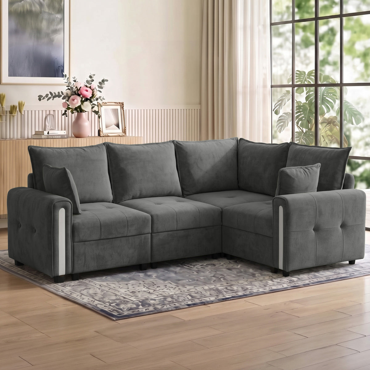 Reversible L-Shaped Corner Sofa | 228 x 164cm | 3-Seater with Lift-Up Storage & Velvet Upholstery | Dark Grey