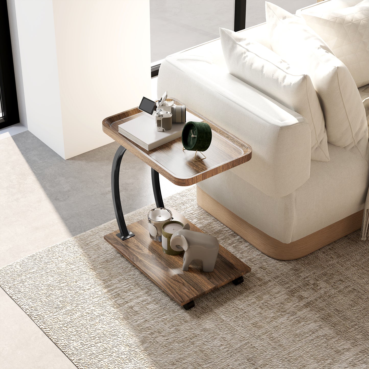 Retro Vintage Style 2-Tier Mobile C-Shaped Side Table - Brown