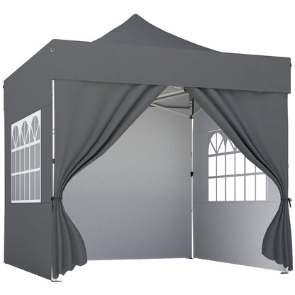 3x3m Heavy-Duty Peak-Top Pop-Up Gazebo | 420D UPF50+ Oxford Fabric | 4 Removable Sidewalls | Zipper Door & Windows | 3-Height Adjustment | 8 Drainage Holes | 4 Sandbags, 4 Guy Ropes & 8 Stakes | Wheeled Carry Bag | Dark Grey