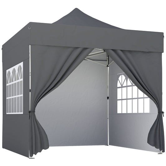 3x3m Heavy-Duty Peak-Top Pop-Up Gazebo | 420D UPF50+ Oxford Fabric | 4 Removable Sidewalls | Zipper Door & Windows | 3-Height Adjustment | 8 Drainage Holes | 4 Sandbags, 4 Guy Ropes & 8 Stakes | Wheeled Carry Bag | Dark Grey