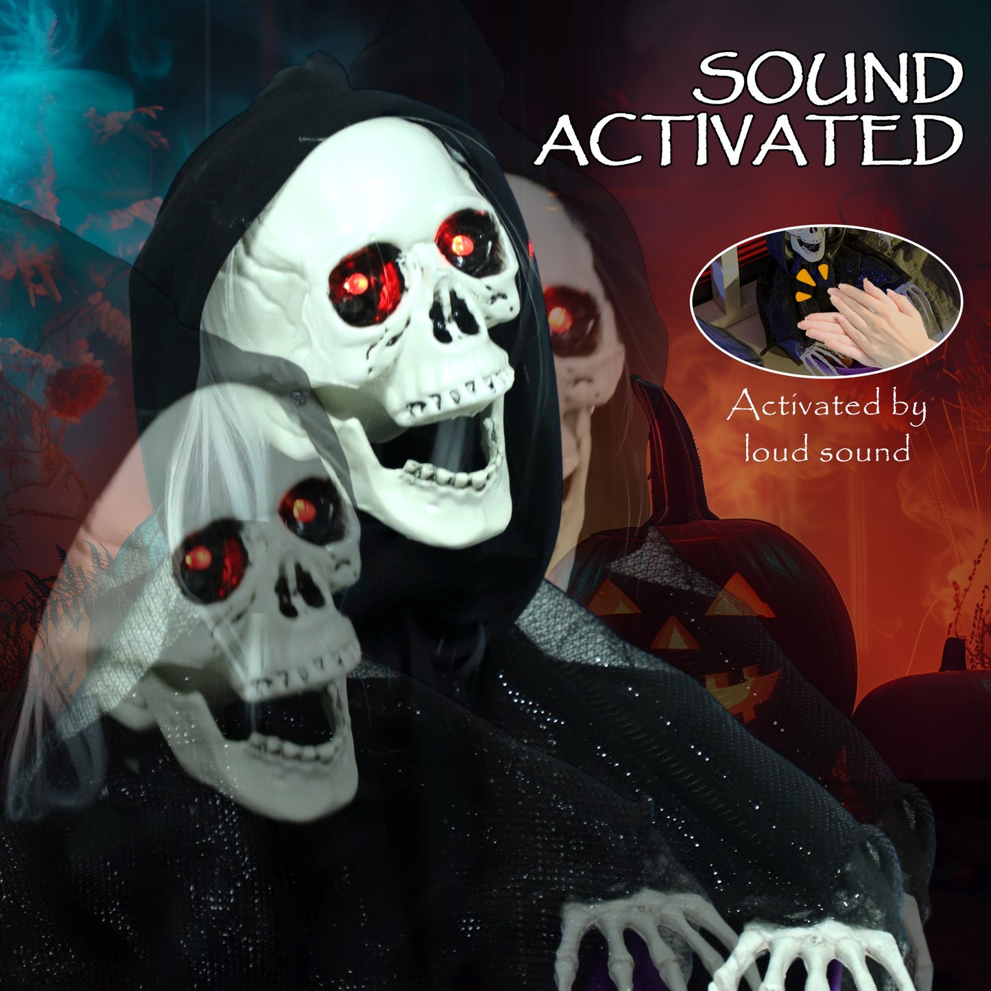 2 Pieces Animated Halloween Skull Bowl, Skeleton Ghost Skull Candy Dish with LED Eyes, Moving Body and Creepy Sound for Party Decoration, Festival Haunted Houses