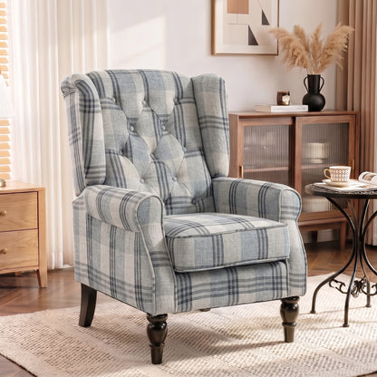 Retro Wingback Armchair | Faux Linen Mixed Plaid | Pocket Spring Cushion | Deep Tufted High Back | Solid Wood Legs