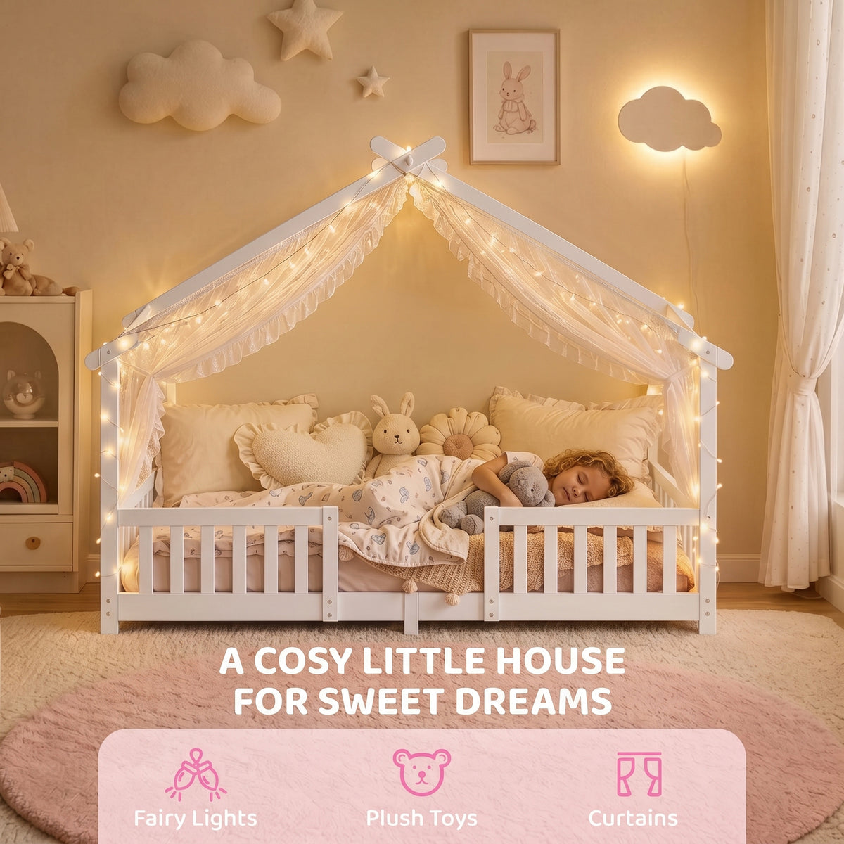 Kids House Single Bed Frame | Solid Pine Wood | House-Shaped Roof Design | Dual Guardrails | 5.5cm Low Floor Height | Fits 200x90cm Mattress | Max 110kg | 217x94x140cm | White or Pink