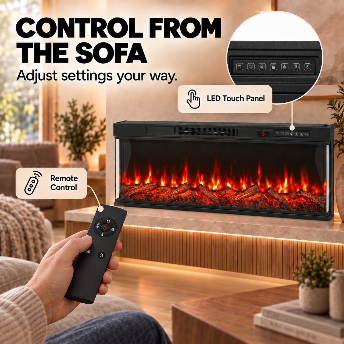 127cm Electric Fireplace Insert | 3-Sided Panoramic Log Effect | 900/1800W, 12 Colours, Remote & Timer | Black