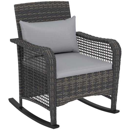 Garden Rocking Chair, Outdoor Rattan Rocker Lounge Chair with Seat and Back Cushions with All-weather Wicker, Steel Frame for Porch Balcony, Light Grey