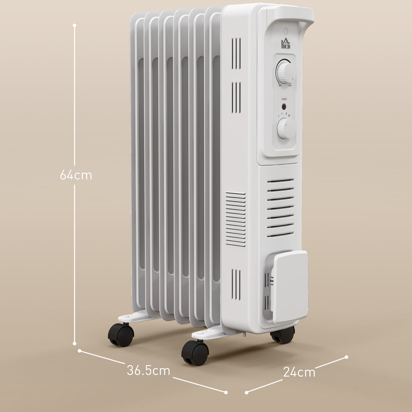 1500W Oil Filled Radiator, 7 Fin Energy Efficient Portable Electric Heater with 3 Heat Settings, Adjustable Thermostat, Safety Tip Over, Overheat Protection, for Home, White