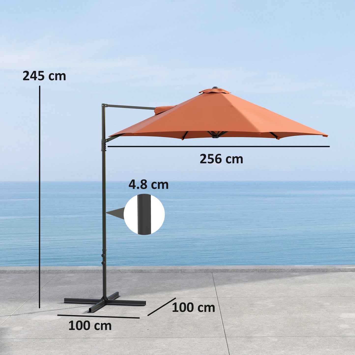 2.5M Garden Cantilever Parasol, Offset Roma Patio Umbrella Hanging Sun Shade Canopy Shelter with 360° Rotation and Cross Base, Orange