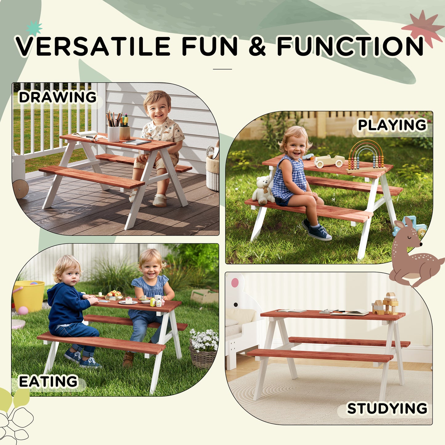 Kids Wooden Picnic Table & Bench Set | Ages 3-8 | EN71 Tested | Weatherproof | Brown