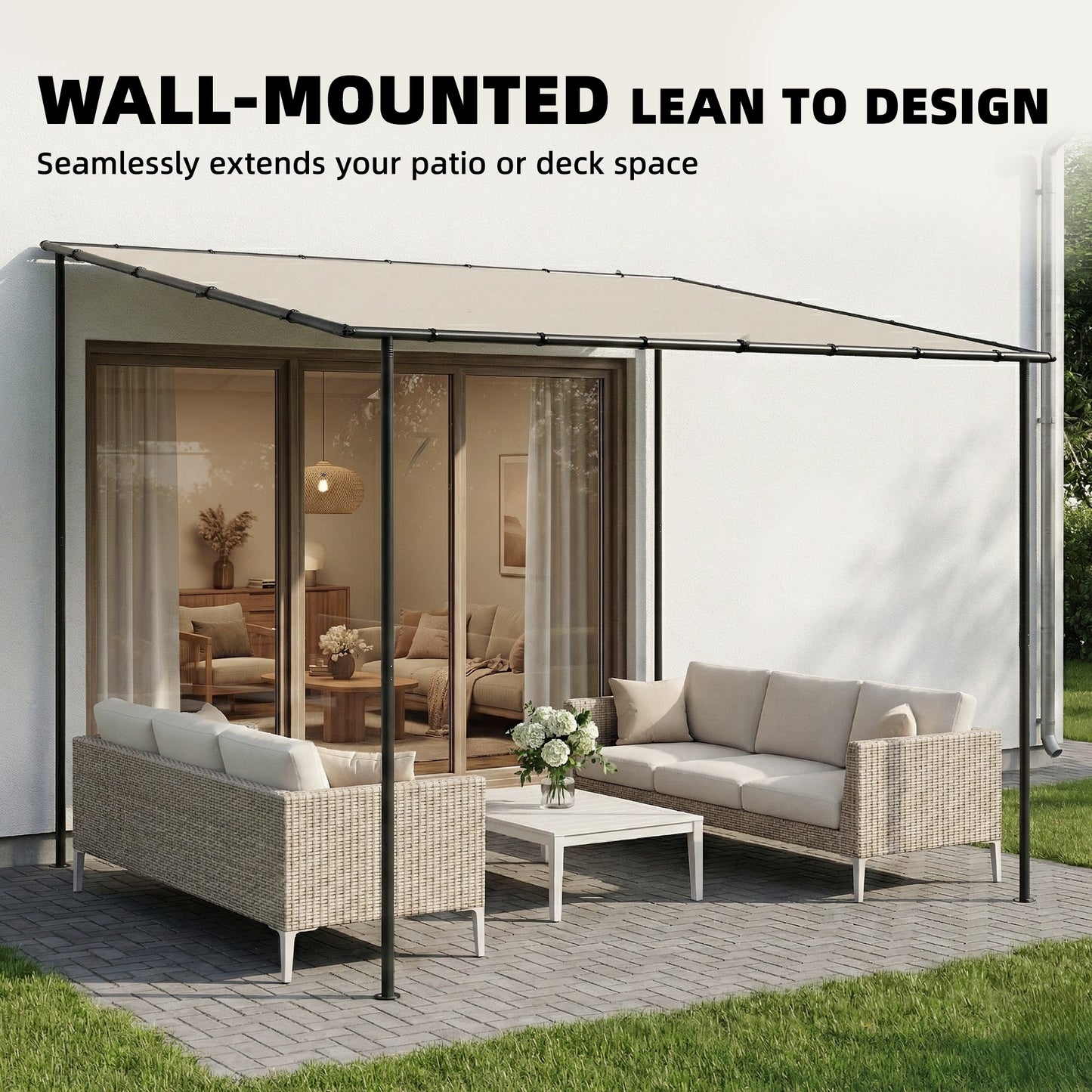 3x1.8m Lean-To Garden Pergola | UPF30+ Canopy | Sloped Roof & Drainage | Windproof 5-6 | Cream