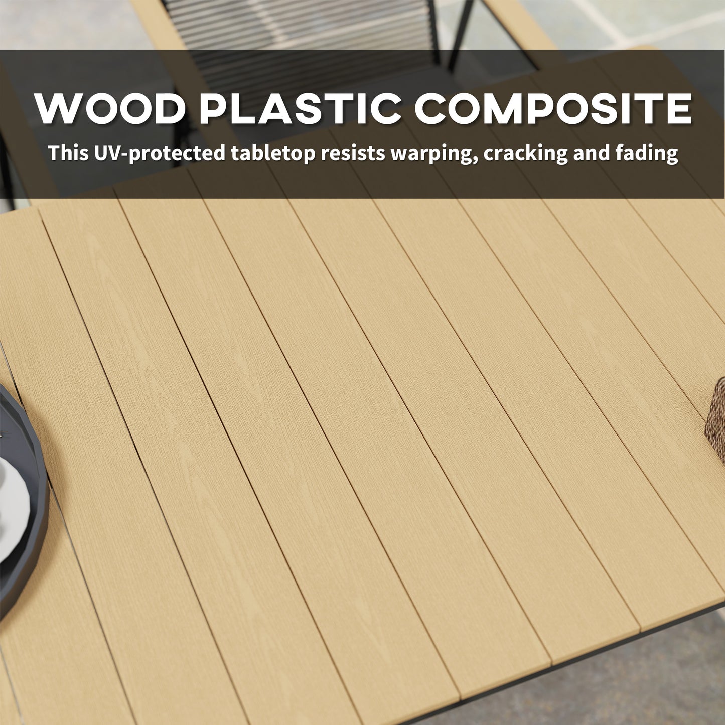 6 Seater Garden Dining Table Set with Soft Cushions, Rattan Backrest, Rectangular Plastic Top, Garden Furniture Set, Outdoor W/ Chairs