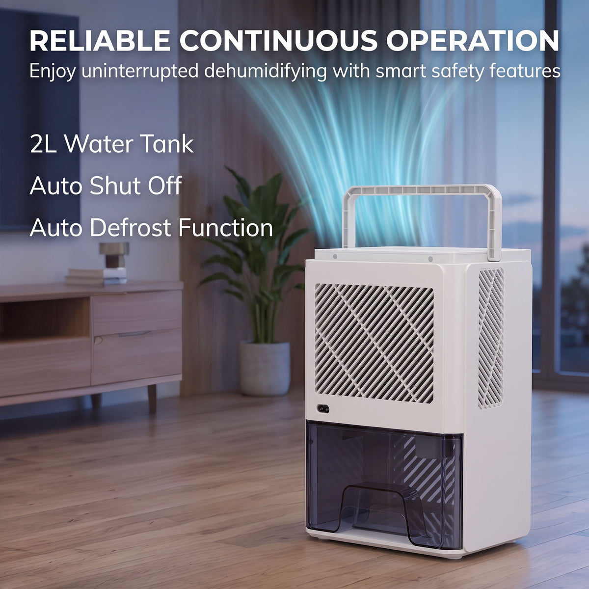 400ml/Day Small Dehumidifier | 2L Tank (120hrs) | 7-Colour RGB Mood Light | 43dB Sleep Mode | 2–24H Timer | LED Touch Panel | Auto Shut-Off & Defrost | 15m² | ABS | 20x14.2x28.6cm | White