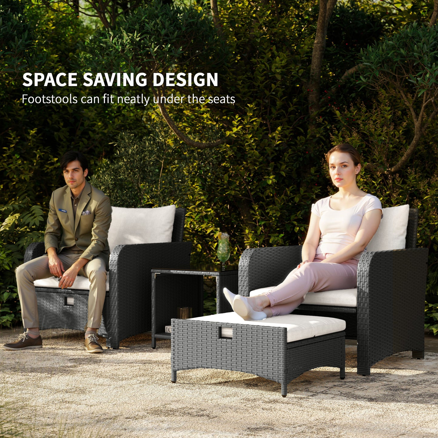 Five Piece Rattan Garden Furniture Set with 2-Tier Coffee Table and Ottomans  - Cream White