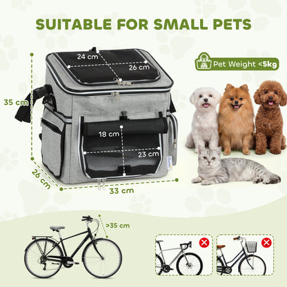 Dog Bike Basket Soft-Sided Pet Carrier | Security Leash | Mesh Doors & Windows | Plush Cushion | Roller Blind | Side Pockets | Includes Bowl | 5kg Capacity | 33x26x35cm | 300D Cloth | Light Grey