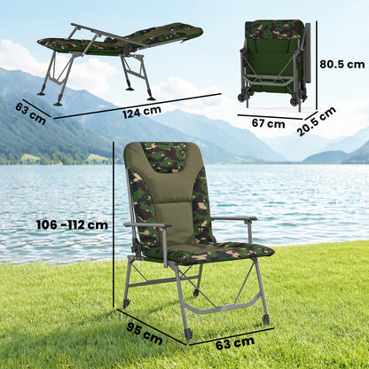 Padded Reclining Camping Chair | 175° Recline | 18D Foam | 600D Oxford | 200kg | Adjustable Height 45-58.5cm | 360° Pivoting Feet | Camouflage