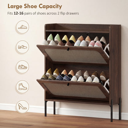 Boho Narrow Shoe Cabinet | 2 Flip Drawers | Rattan Fronts | 12-16 Pairs | Adjustable Shelves | Anti-Tip Hardware | Melamine Coating | 40kg Capacity | 80x23.7x99.5cm | Dark Brown