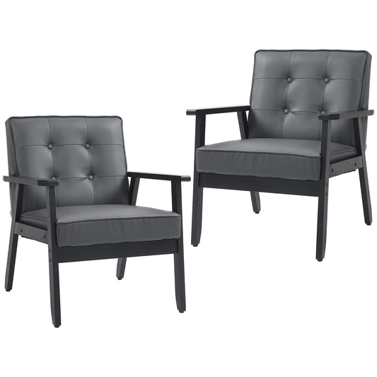 2 Pieces Armchairs, PU Leather Accent Chairs, Occasional Chairs with Beech Wood Frame for Living Room, Reception, Bedroom, Balcony, Grey