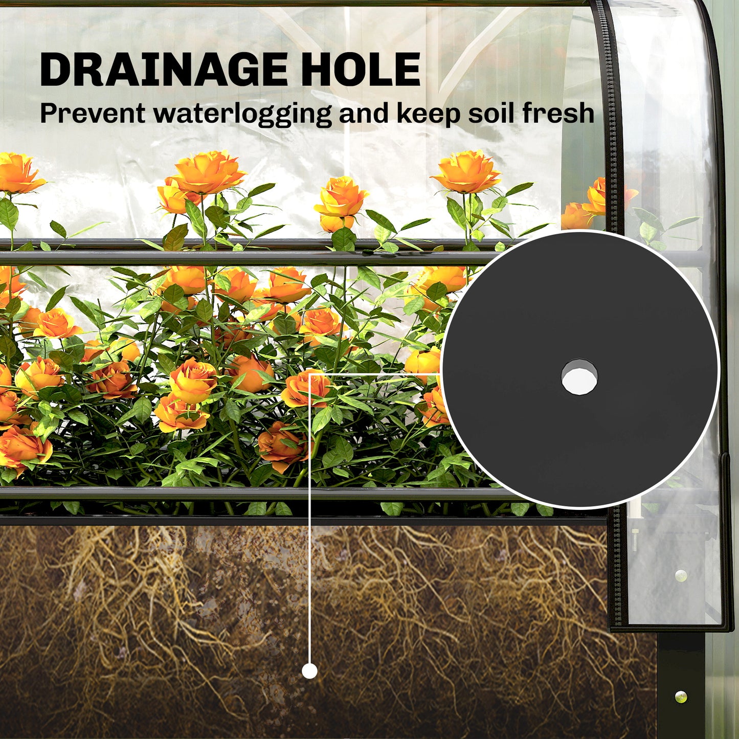 Raised Garden Bed on Legs with Flip-Up Greenhouse Cover | Transparent | Zipped Roll-Up Door | Removable Cover | 0.6mm Metal | Drainage Hole | 80kg | 100x49x136cm | Black