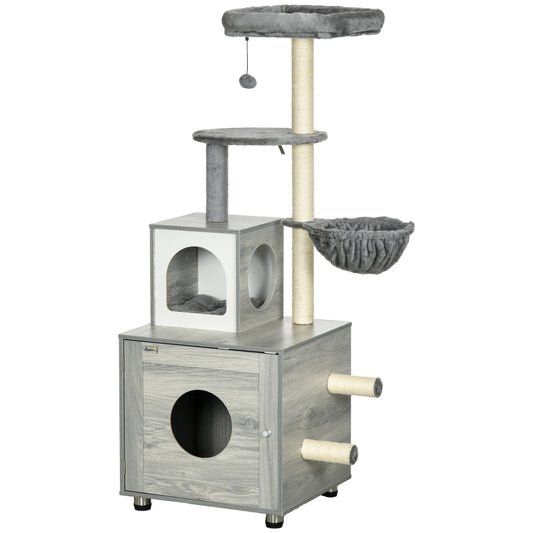PawHut Enclosed Cat Litter Box with Cat House, Cat Bed, Scratching Posts, Platforms, for Indoor Cats - Grey