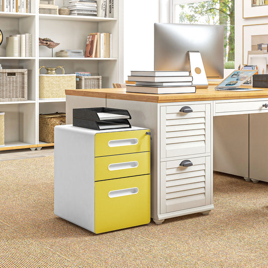 Vinsetto 3 Drawer Filing Cabinet, Steel Lockable File Cabinet with Lock and Wheels, for A4, Letter, Legal Sized Files