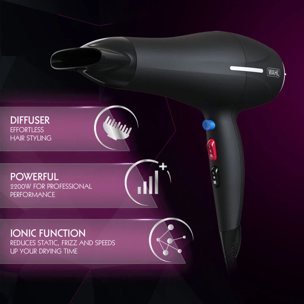 Wahl ZY105 Ionic Smooth Hairdryer 2200W | Tourmaline Grille | 3 Heat & 2 Speed Settings | Cool Shot Button | Detachable Diffuser | Reduces Frizz & Static | UK Plug