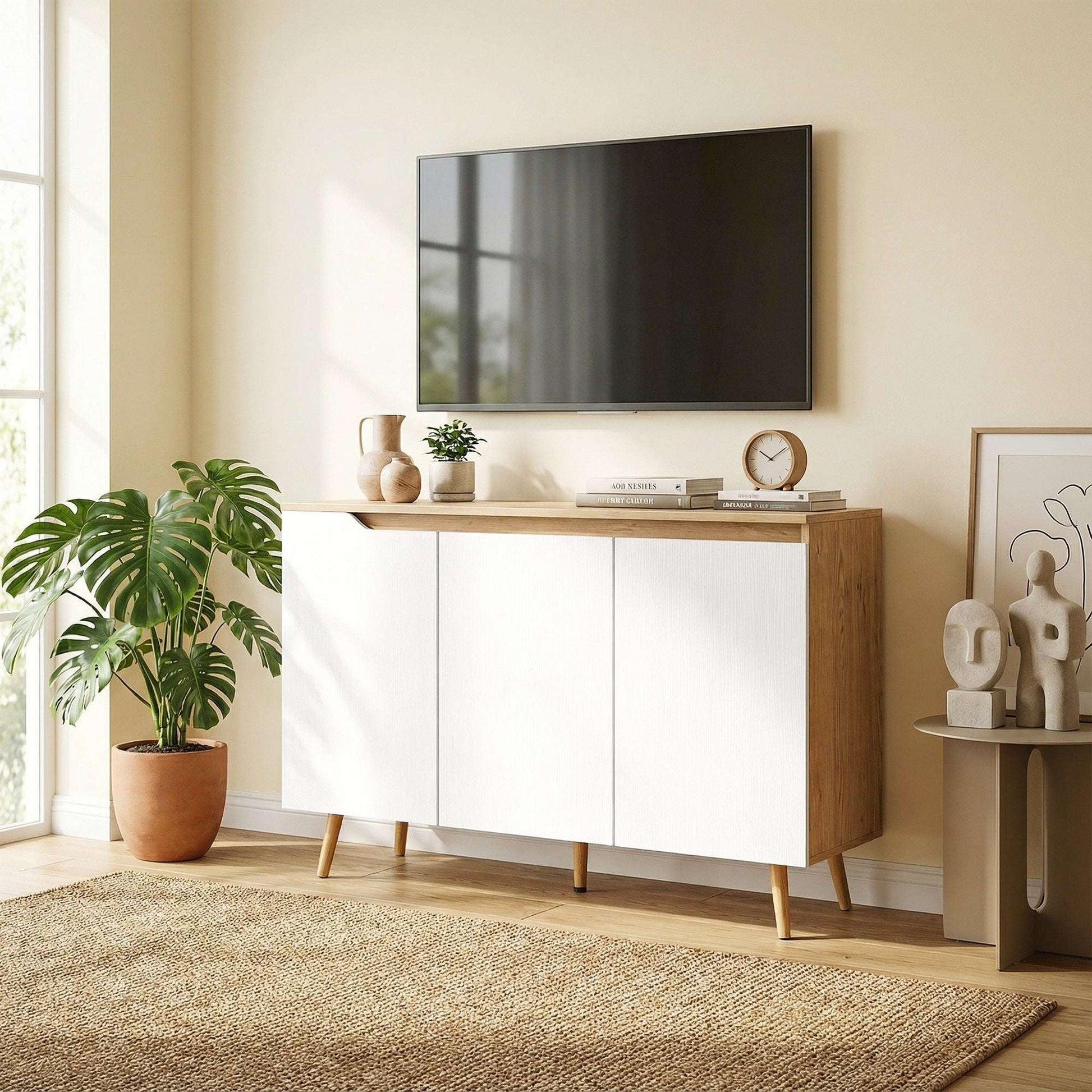 Sideboard Storage Cabinet | 3 Doors | 2 Adjustable Shelves | 5 Rubberwood Legs | Anti-Tip | 80kg | 107x35x76.5cm | White & Oak