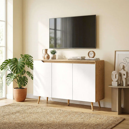 Sideboard Storage Cabinet | 3 Doors | 2 Adjustable Shelves | 5 Rubberwood Legs | Anti-Tip | 80kg | 107x35x76.5cm | White & Oak