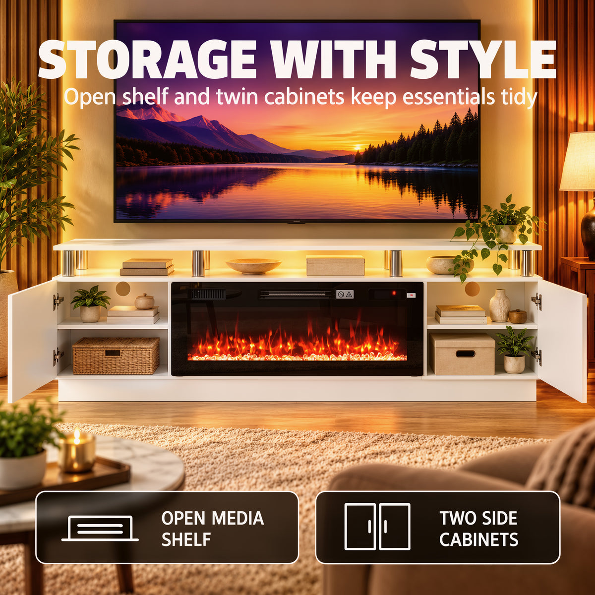 178cm Electric Fireplace TV Stand | Floating-Effect Top, LED Shelf & 2 Cabinets | 900/1800W, 12 Flame Colours, Remote & Timer | White