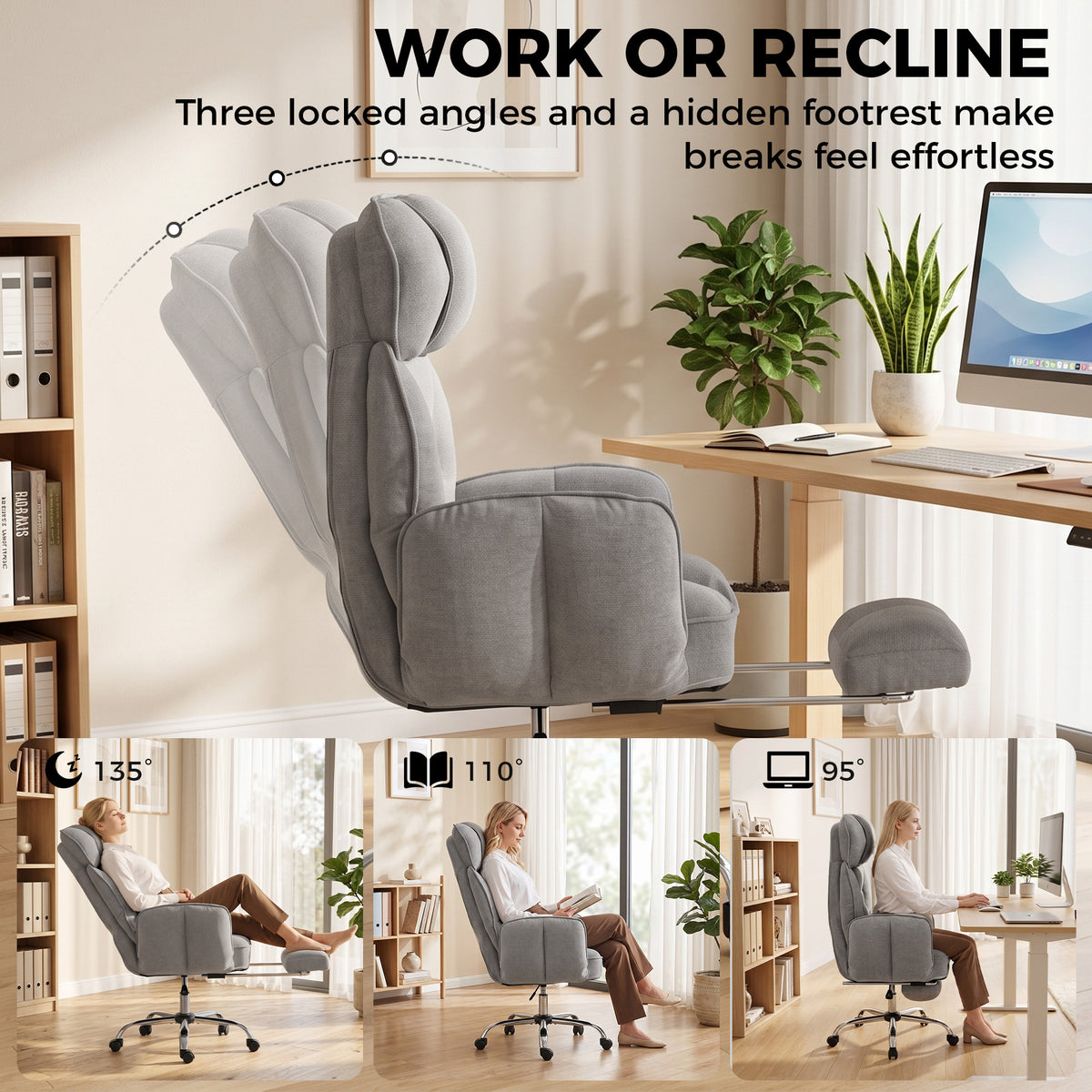 Reclining Office Chair | Grey Linen-Look Fabric & Pocket-Sprung Seat | 135° Recline, Pull-Out Footrest & 5-Position Flip-Up Arms | Height Adjustable