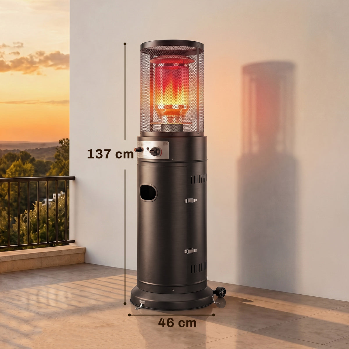 11kW Gas Patio Heater | 30m² Coverage | Propane & LPG | Pulse Ignition | Stepless Control | 45° Tilt Shutoff | Metal Mesh Guard | 2 Wheels | Pre-Drilled Stake Holes | 52x46x137cm | Black