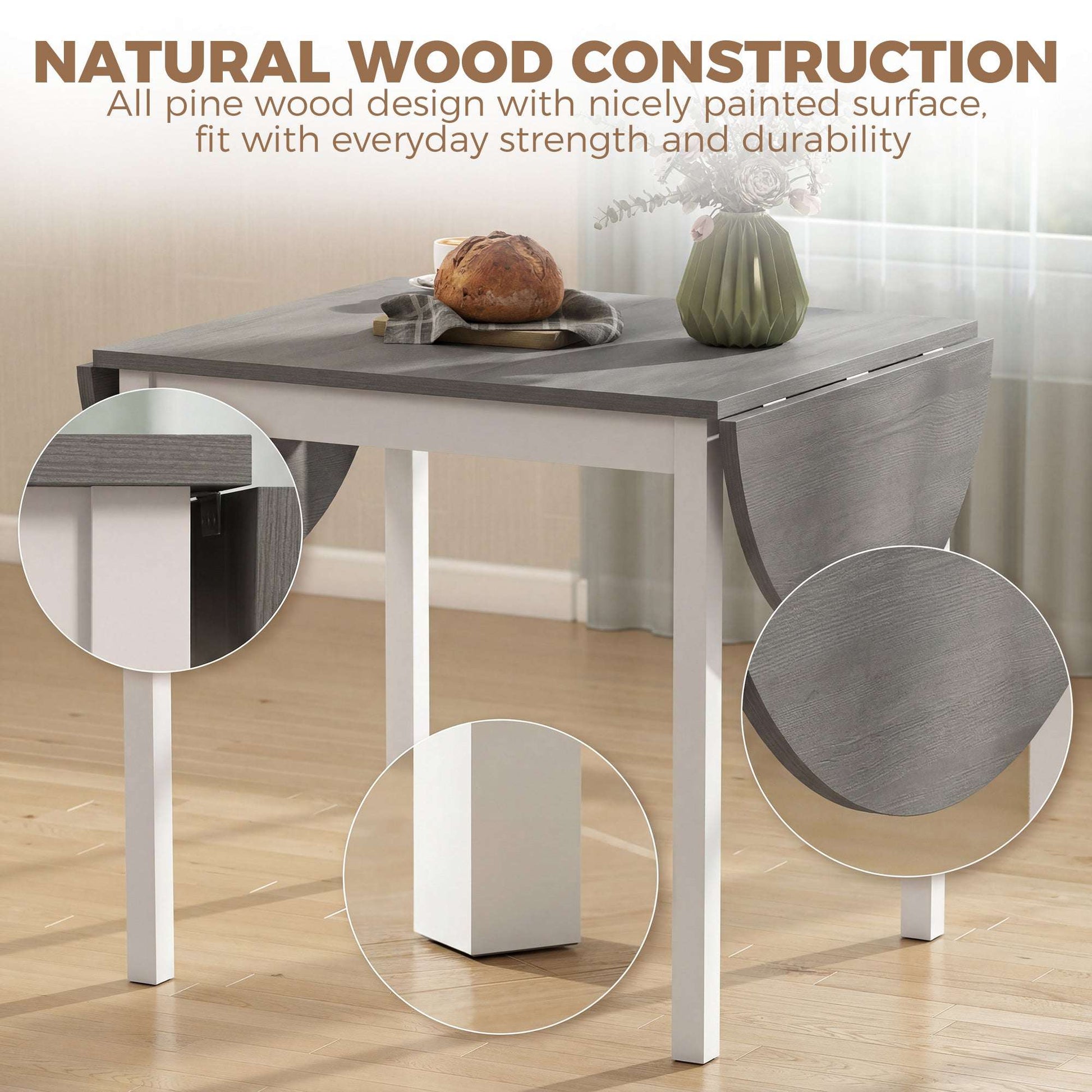 4-6 Person Drop-Leaf Extending Dining Table | Pine Wood | 3 Configurations | Folds to 80cm or Extends to 140cm | 50kg Capacity | Foot Pads | Grey & White