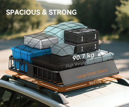 Universal Roof Rack Basket Tray, 90.7 kg Steel Car Rooftop Luggage Cargo Carrier Holder with Wind Fairing, Side Rails for SUVs, Pickups, Sedans, Off-Road Vehicles