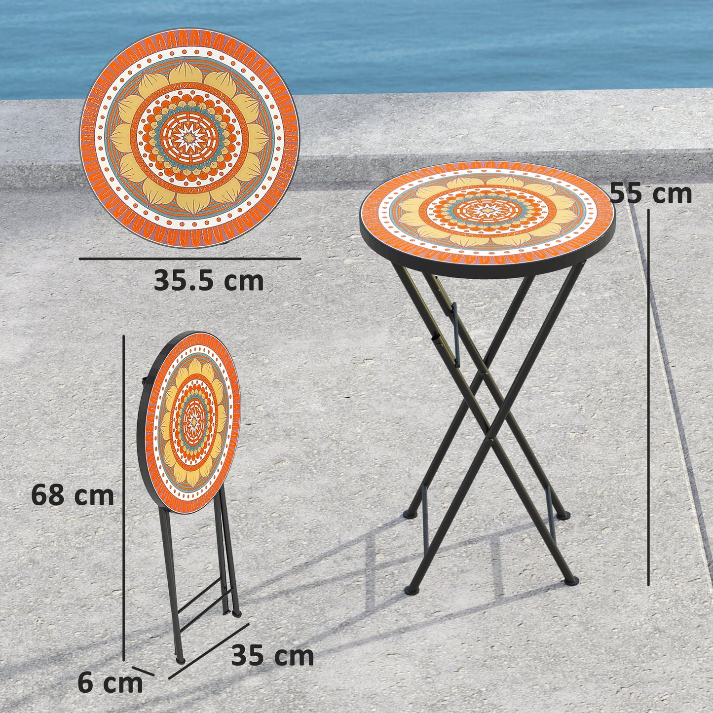 Outsunny Mosaic Outdoor Garden Table, 35.5cm Round Folding Coffee Table with Metal Frame for Balcony Terrace, Orange