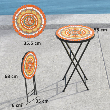 Outsunny Mosaic Outdoor Garden Table, 35.5cm Round Folding Coffee Table with Metal Frame for Balcony Terrace, Orange
