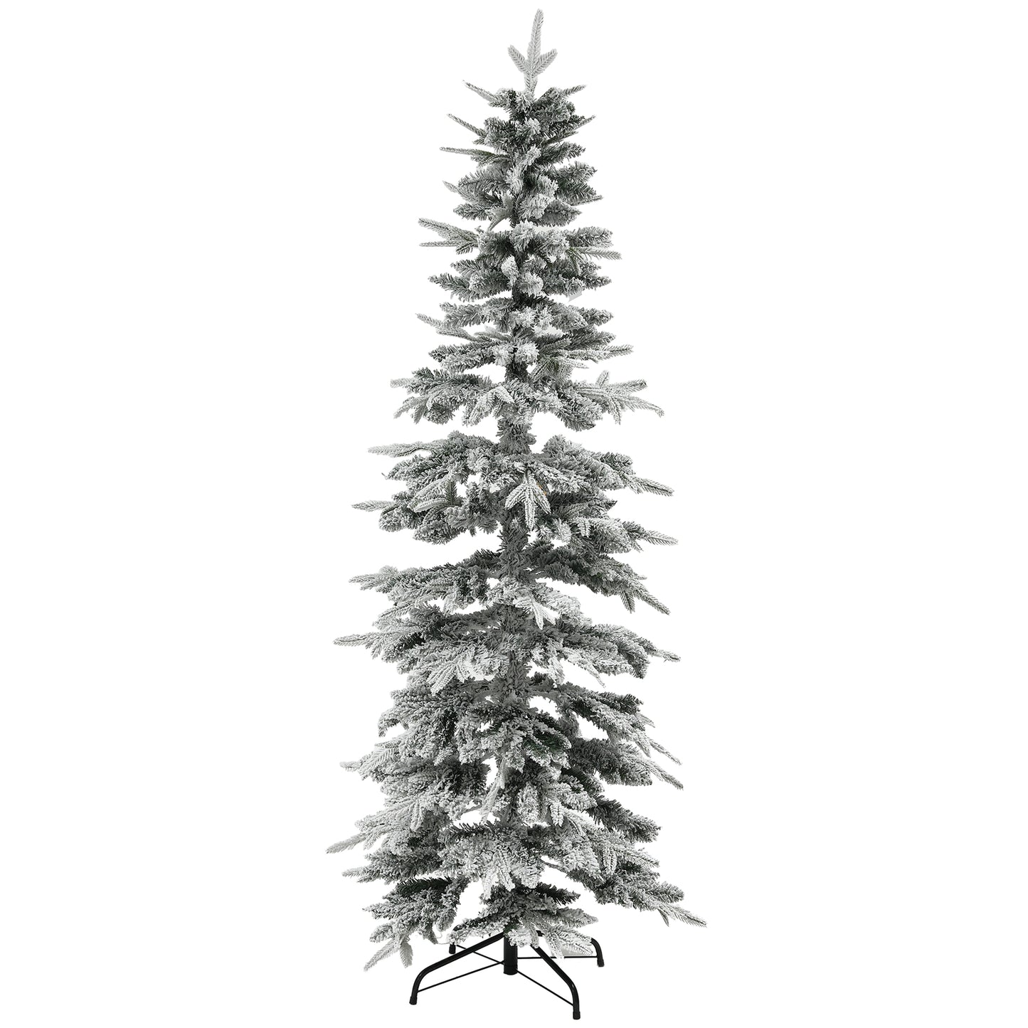 6ft Pencil Artificial Christmas Tree, Snow Flocked Xmas Tree with Downswept Branches and 600 Tips, Auto Open, Steel Base, Holiday Decoration for Home Office, Green