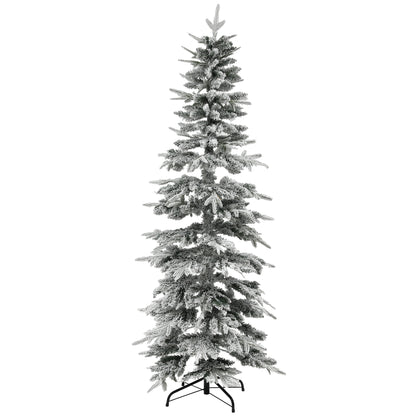 6ft Pencil Artificial Christmas Tree, Snow Flocked Xmas Tree with Downswept Branches and 600 Tips, Auto Open, Steel Base, Holiday Decoration for Home Office, Green