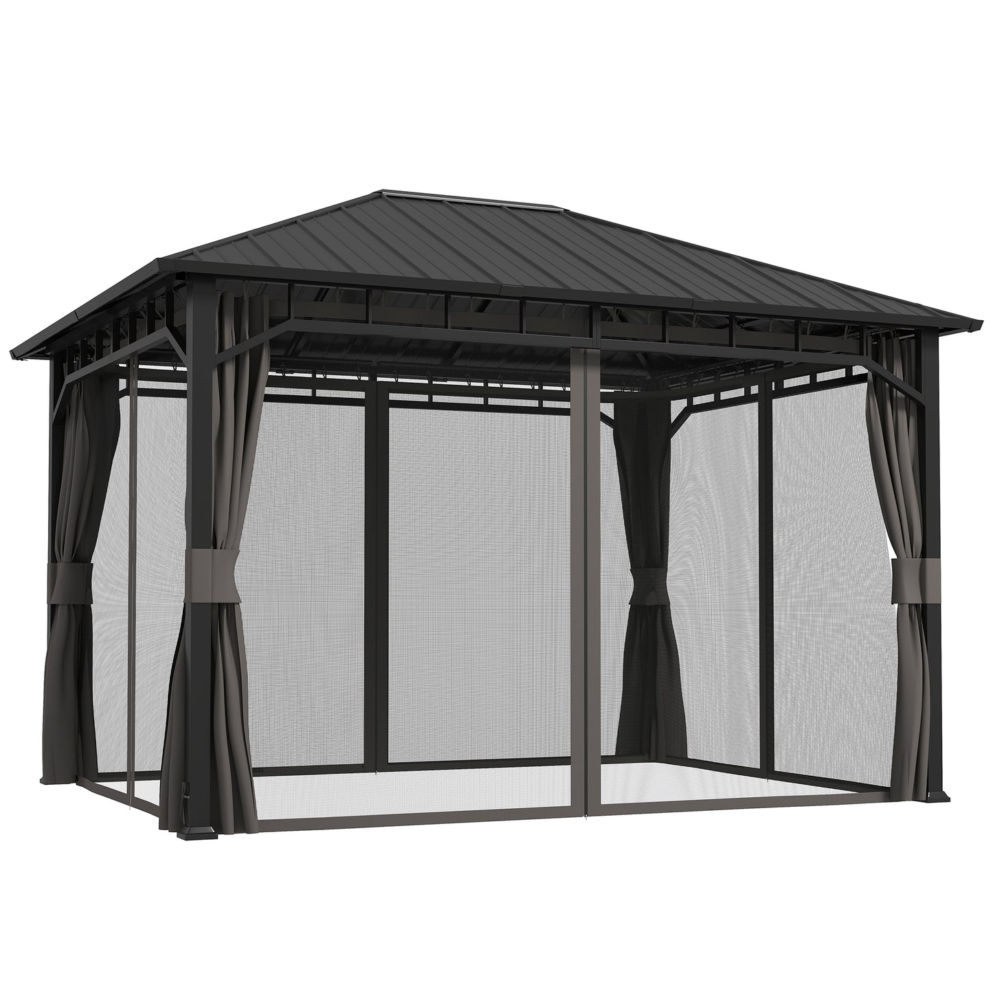 3 x 4m Hardtop Gazebo with Galvanised Steel Roof and Water Gutter, Waterproof Permanent Pavilion Garden Gazebo W/ Curtains for Patio, Deck