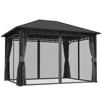 3 x 4m Hardtop Gazebo with Galvanised Steel Roof and Water Gutter, Waterproof Permanent Pavilion Garden Gazebo W/ Curtains for Patio, Deck