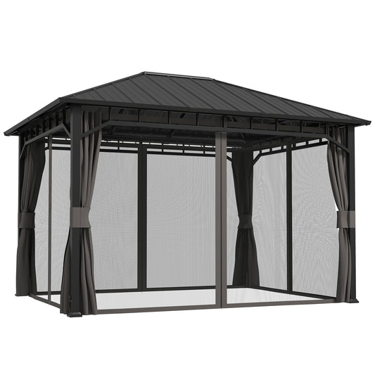 3 x 4m Hardtop Gazebo with Galvanised Steel Roof and Water Gutter, Waterproof Permanent Pavilion Garden Gazebo W/ Curtains for Patio, Deck